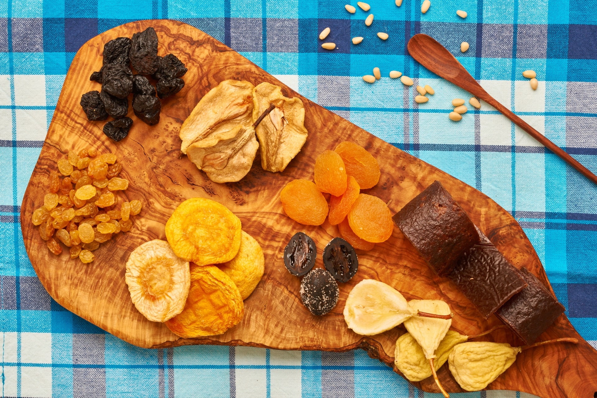Dried fruits on tablecloth