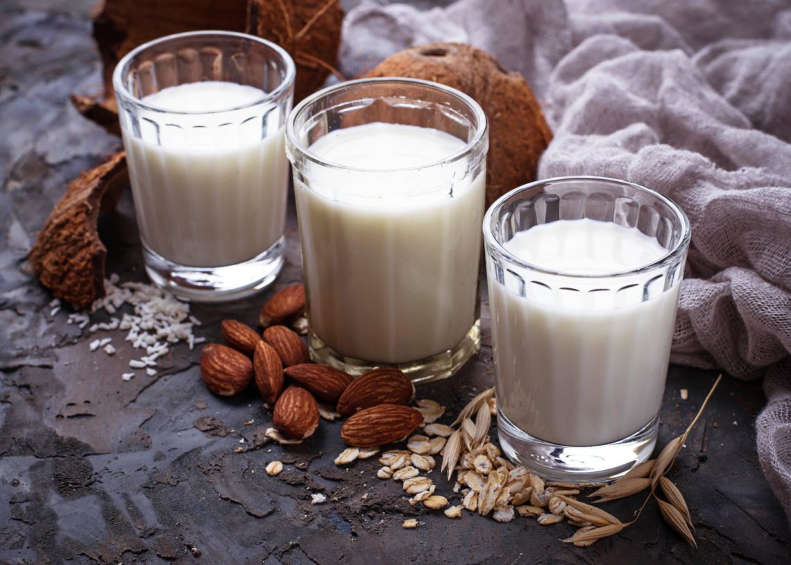 Oat, coconut and almond milk, non-dairy vegan drink