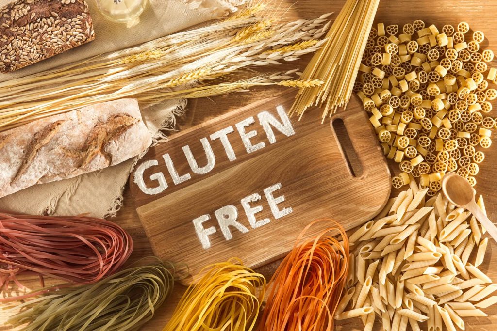 Gluten free food, various pasta, bread and snacks