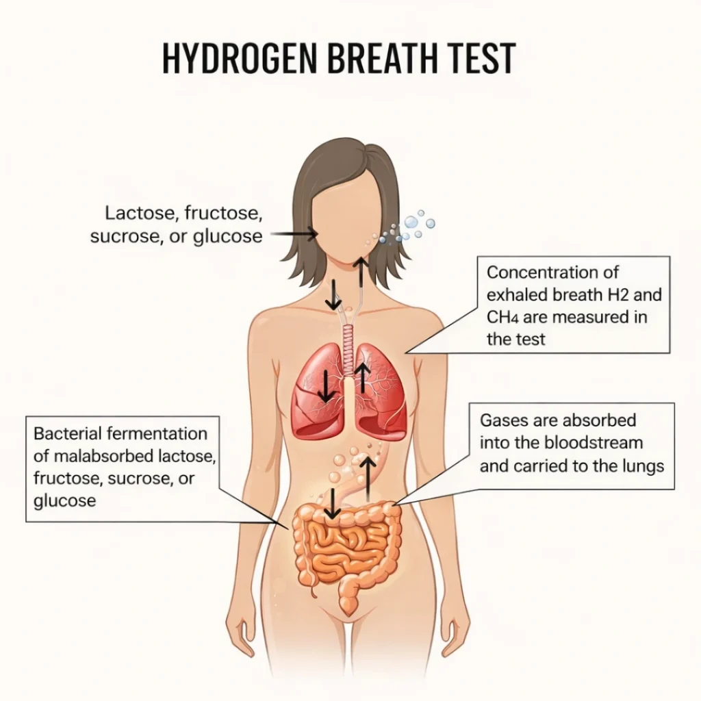 hydrogen breath test diagram explaining fructose intolerance and gas production in the digestive system.